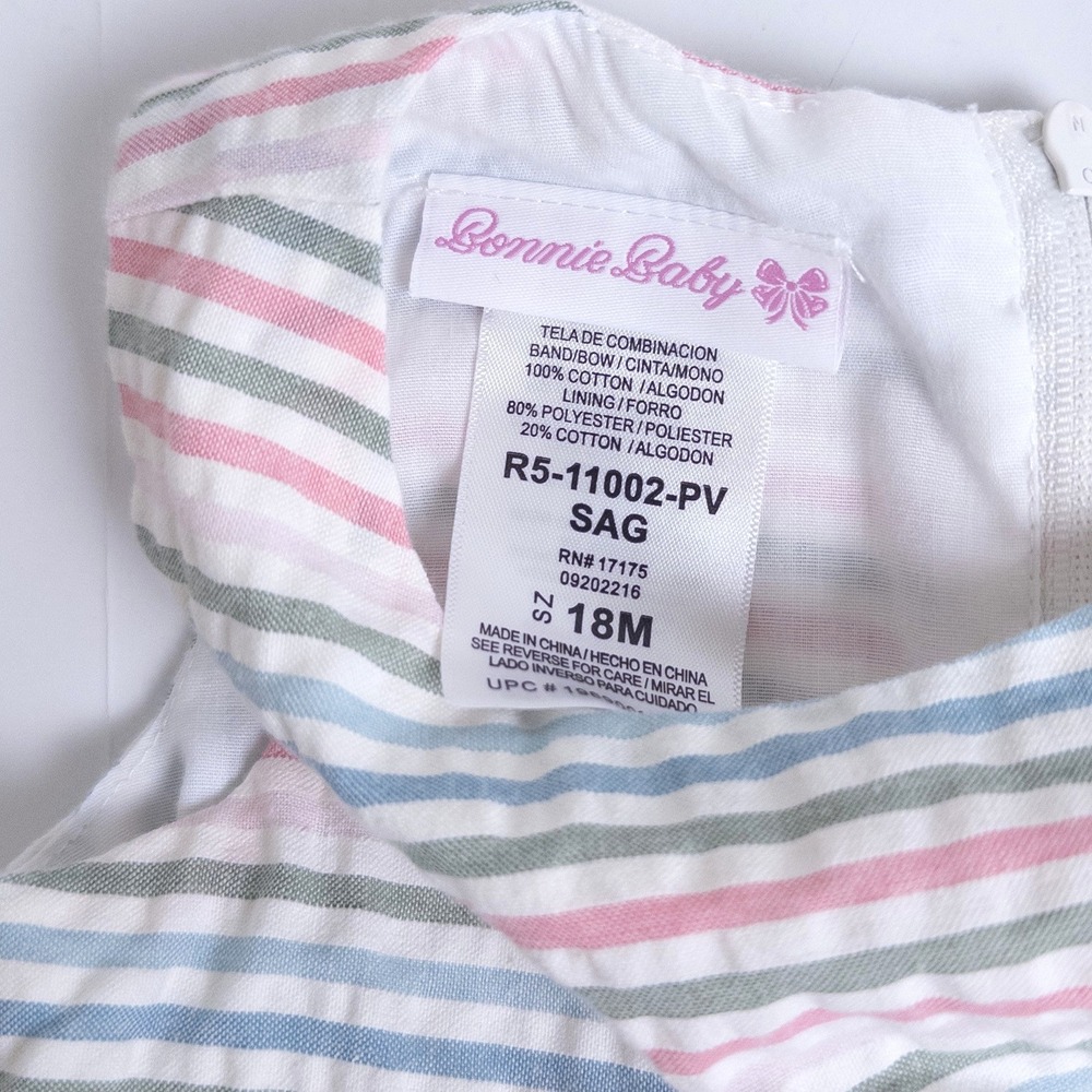 Bonnie Baby Dress Kids 18M Pink Blue Striped Floral Seersucker Sleeveless Bow - Picture 4 of 7